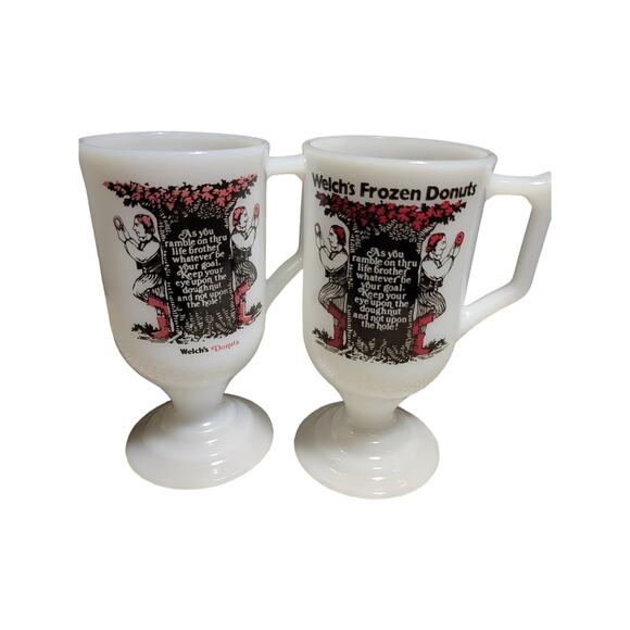 Welch's Frozen Donuts Set of Mugs 2 Goblets Vintage White Milk Glass - Picture 1 of 7